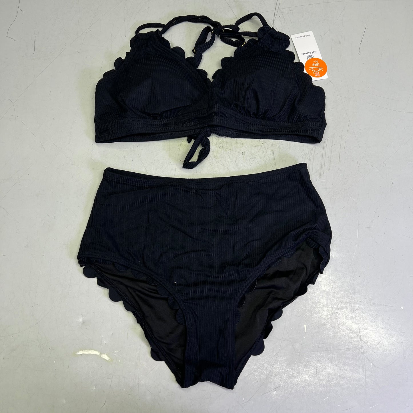 CHARMO Scalloped High Waist Tummy Control Bikini UPF 50 Women's Sz L Black