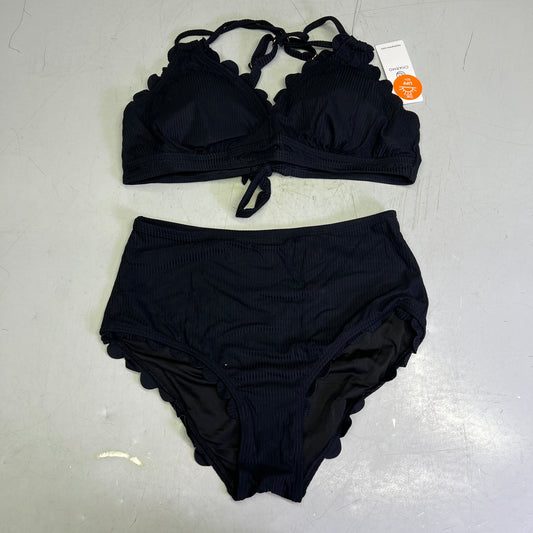 CHARMO Scalloped High Waist Tummy Control Bikini UPF 50 Women's Sz L Black
