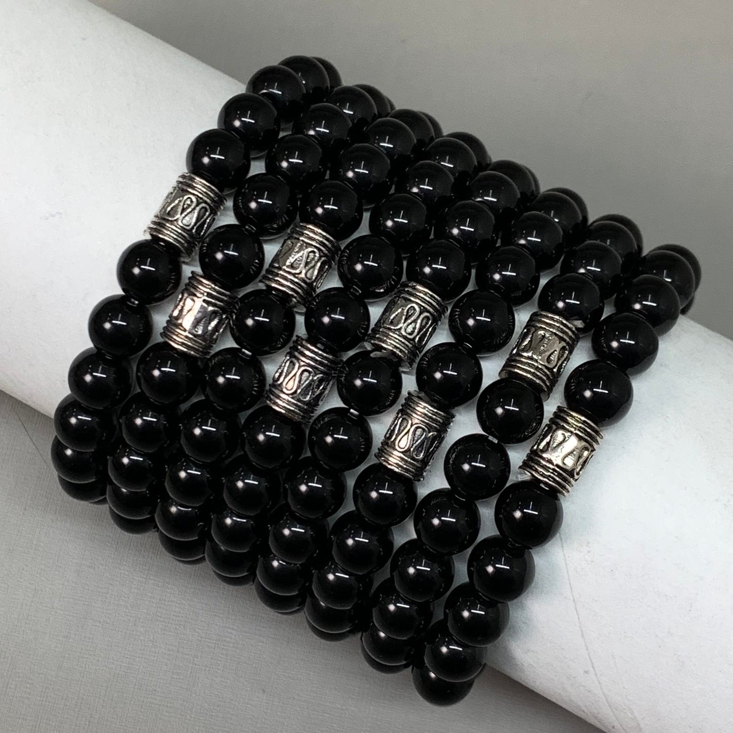 BEST WHOLESALE (12 PACK) Beaded Shiny Black Crystal Bracelets 3" Silver Cuff New