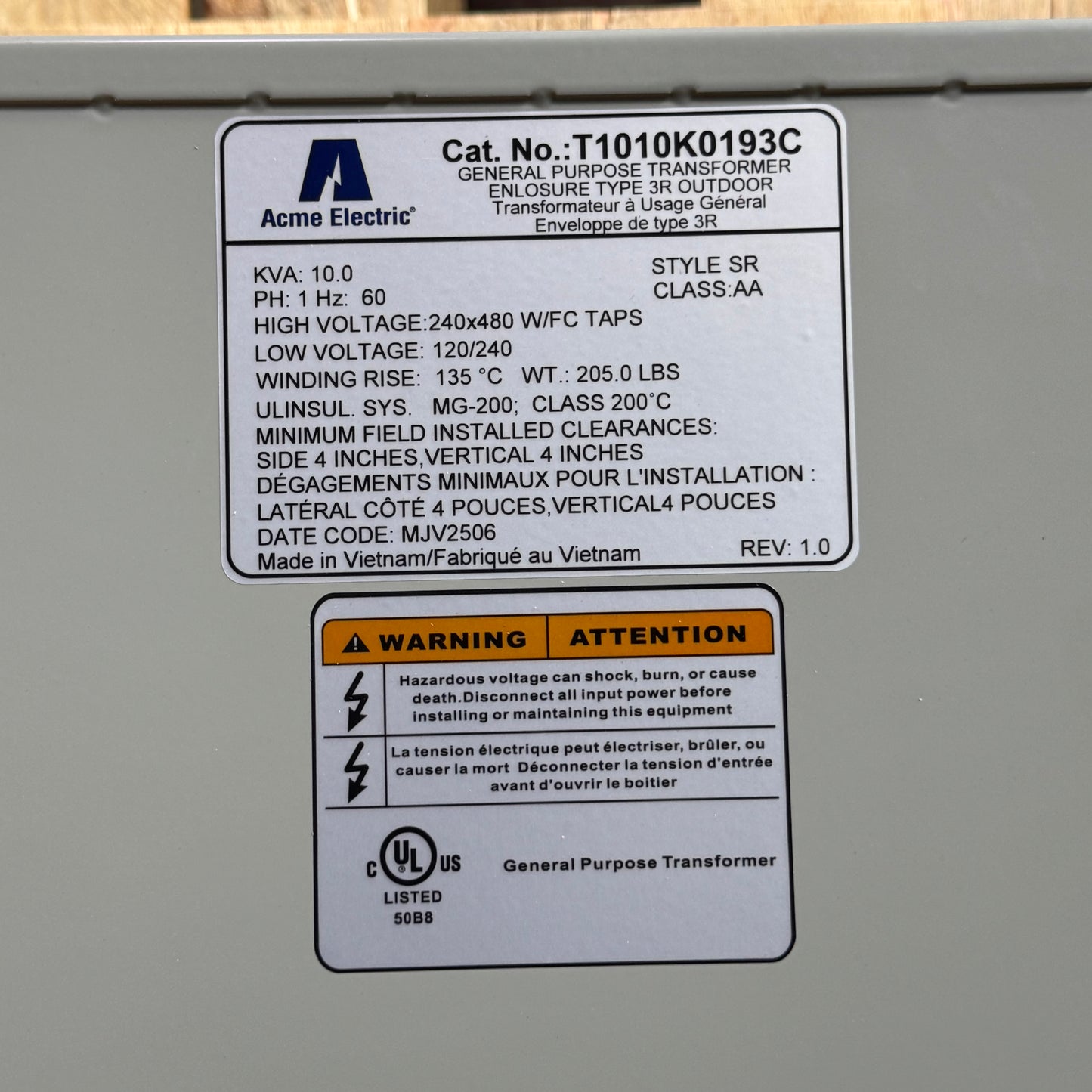 ACME ELECTRIC General Purpose Transformer 10 Kva 1 Phase Sz 17"L x 11.5"W, T1010K0193C