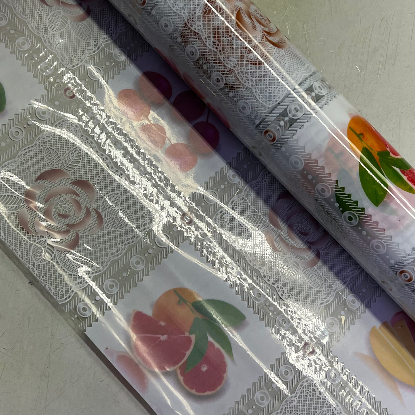 PVC Glossy Patchwork Faux Lace Floral Fruit Table Cloth 54"x60' Clear/Multicolor