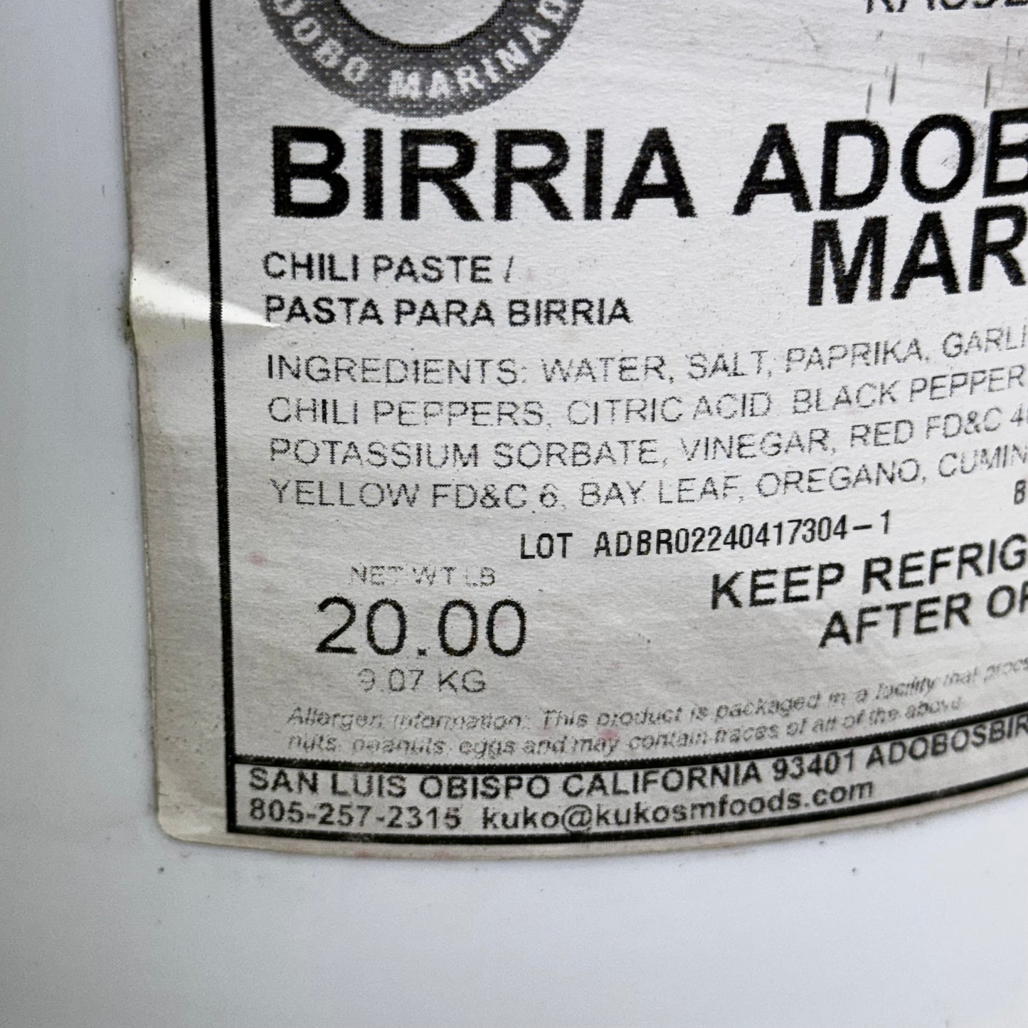 KUKO'S Birria Adobo Marinade 20 LBS Red KA852002 (New Other, Distressed Container) BB 10/26