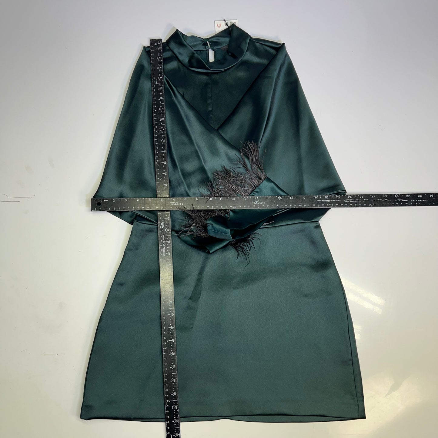 ZARA Open Back Feather Satin Effect Short Dress Women's Sz L Dark Green/Black