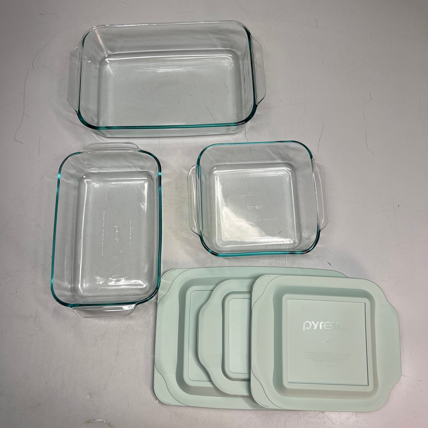 ZA@ PYREX (6 PIECE SET) Glass Baking Dish Set W/ Lids 5 Qt, 2.6 Qt & 3.1 Qt Clear/|Sage 1135014