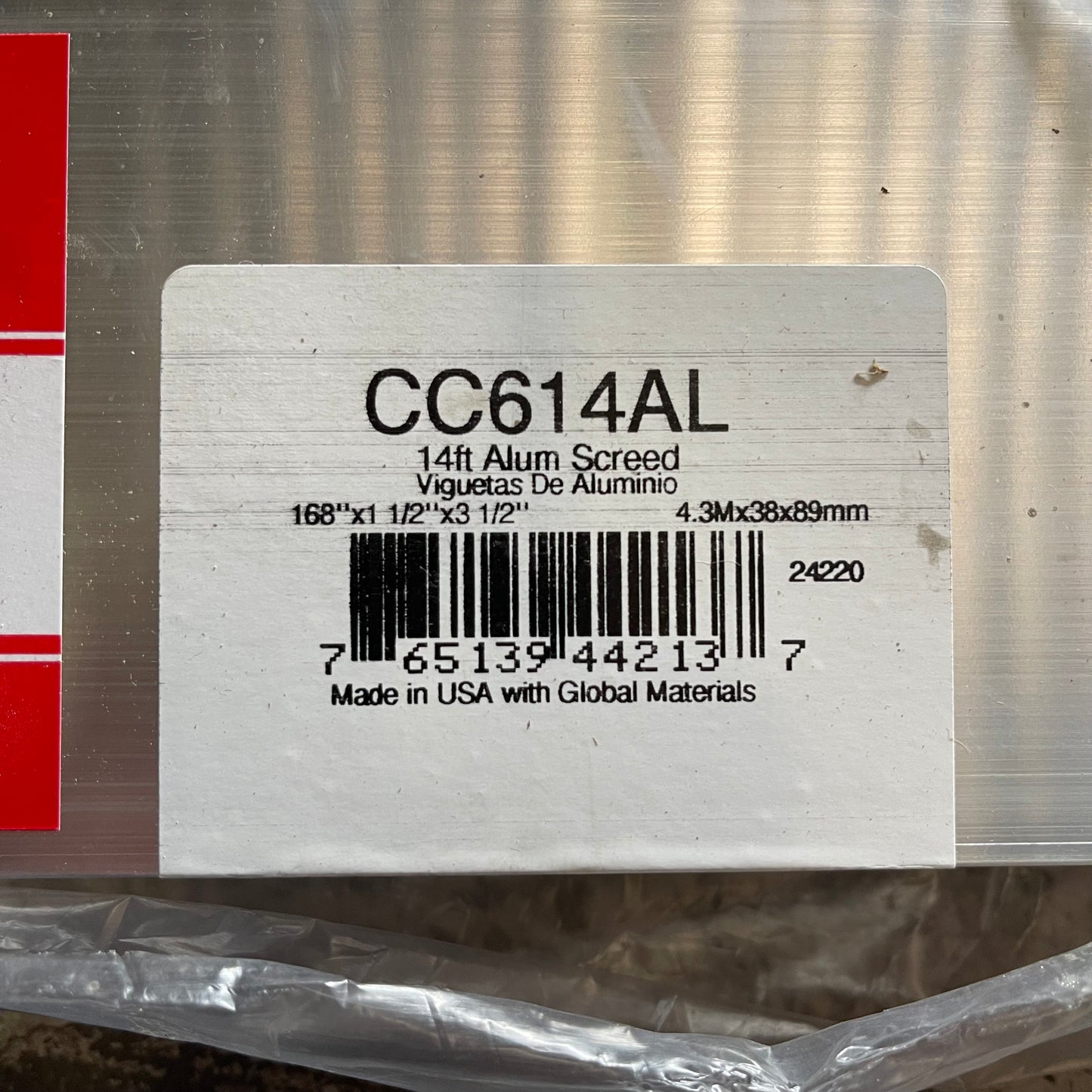 KRAFT TOOL CO. Striker Screed 168”x3-1/2”x1-1/2” ALUMINUM CC612AL