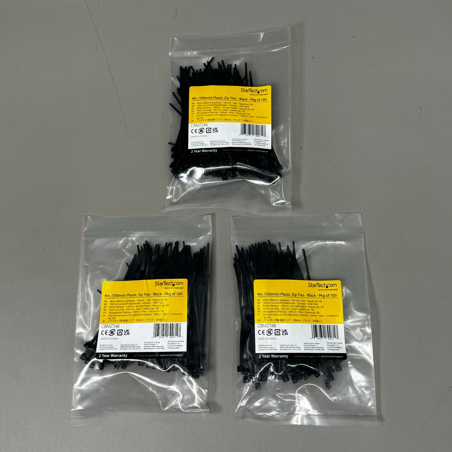 STARTECH.COM (3 PK!) 100 Package Plastic Zip Ties 4" (100mm) Black CBMZT4B