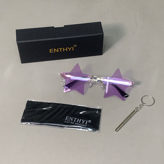 ENTHYI Rimless Star Shape Sunglasses Purple Lens Gold Frame (New)