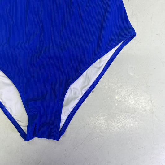 CHARMO Square Neck Half Zip One Piece Swimsuit Women's Sz L Bright Blue/White