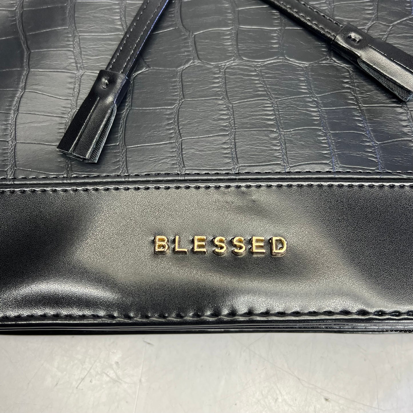 CHRISTIAN ART GIFTS "Blessed" Faux Leather Alligator Skin & Bow 7"x10" Black