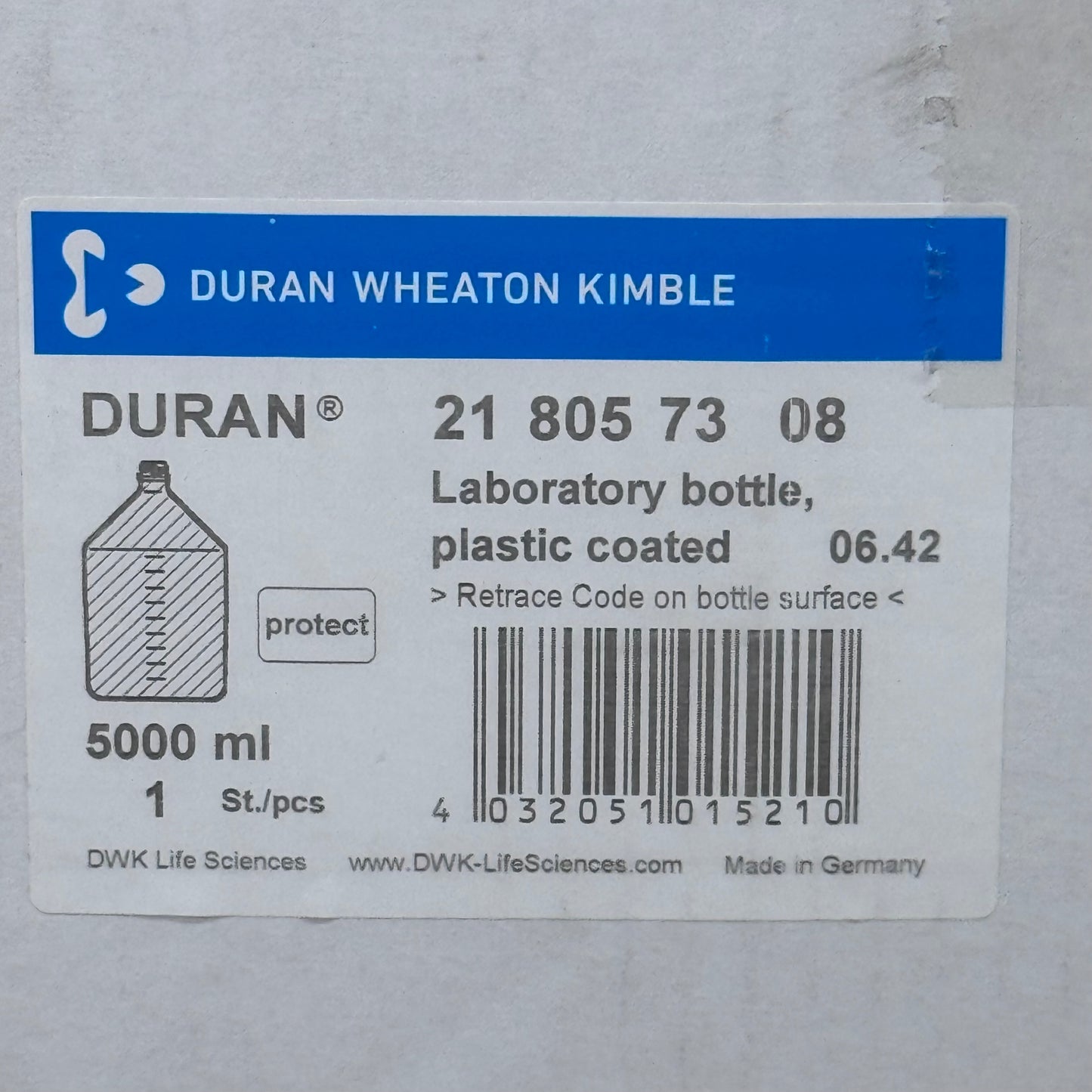 DURAN Plastic Coated Round Laboratory Bottle 5000 mL Clear 218057308 Like New