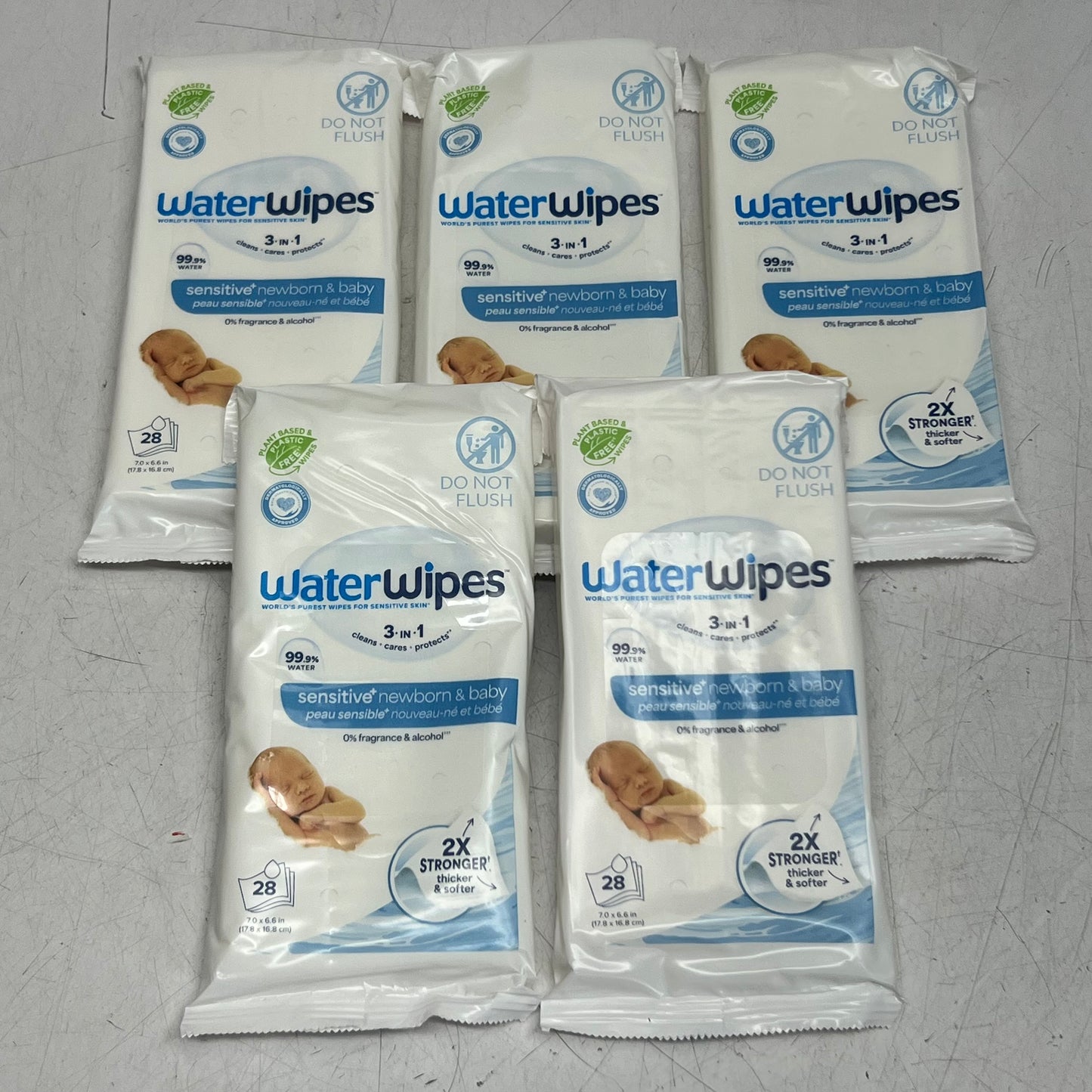 WATERWIPES (5 PACK of 28 Wipes) Sensitive+ Newborn Baby Wipes 7" x 6.6" White 100020 BB 05/27