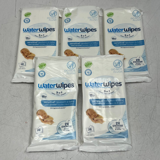 WATERWIPES (5 PACK of 28 Wipes) Sensitive+ Newborn Baby Wipes 7" x 6.6" White 100020 BB 05/27