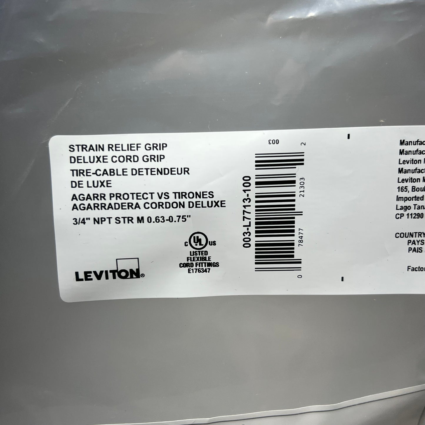 LEVITON Wire Mesh Safety Stain Relief Grip Ss 0.63" to 0.75" Cable L7713-100