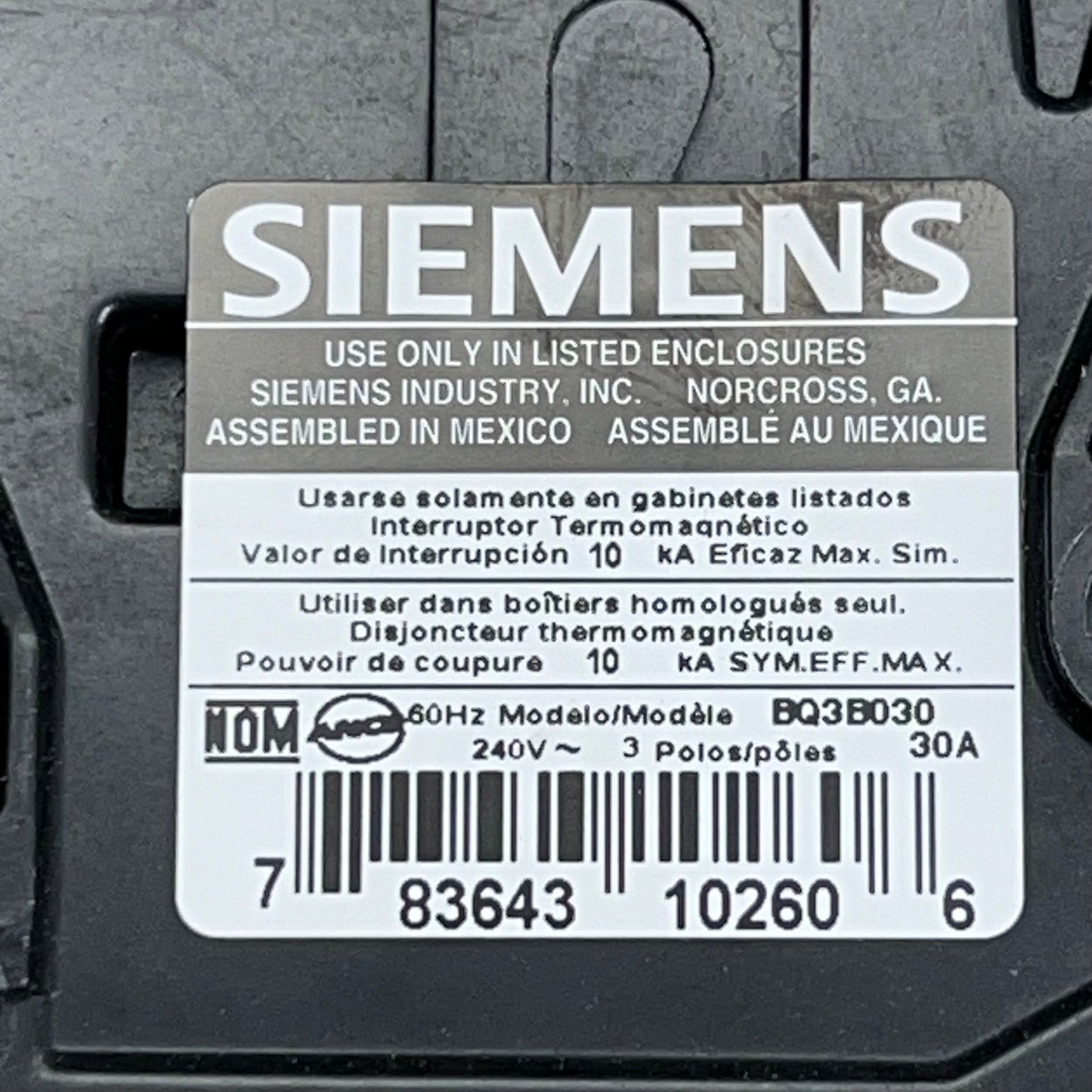 SIEMENS 30A 40 Degree C 3 Pole Circuit Breakers 240V BQ3B030