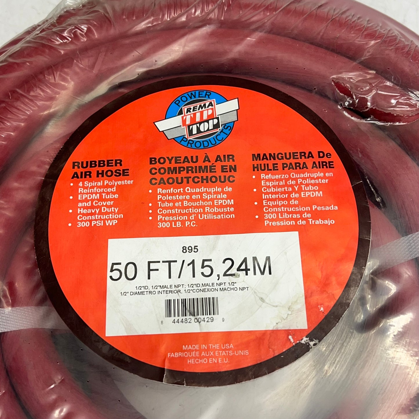 REMA TIP TOP Rubber Air Hose Made In Usa 300 PSI 1/2" Hose ID X 50' Red 895