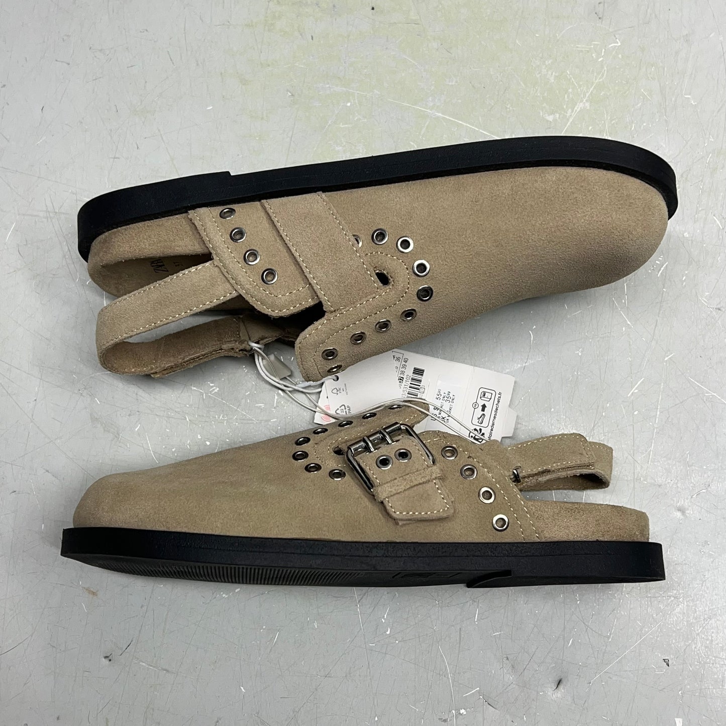 ZA@ ZARA Cow Leather Studded Split Suede Buckle Clogs Women's Sz 37 Tan