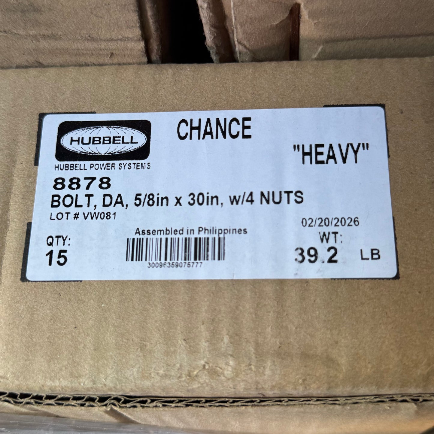 HUBBELL (15 PACK) Double Arming Bolts W/4 Nuts Galvanized Sz 5/8" x 30" 8878