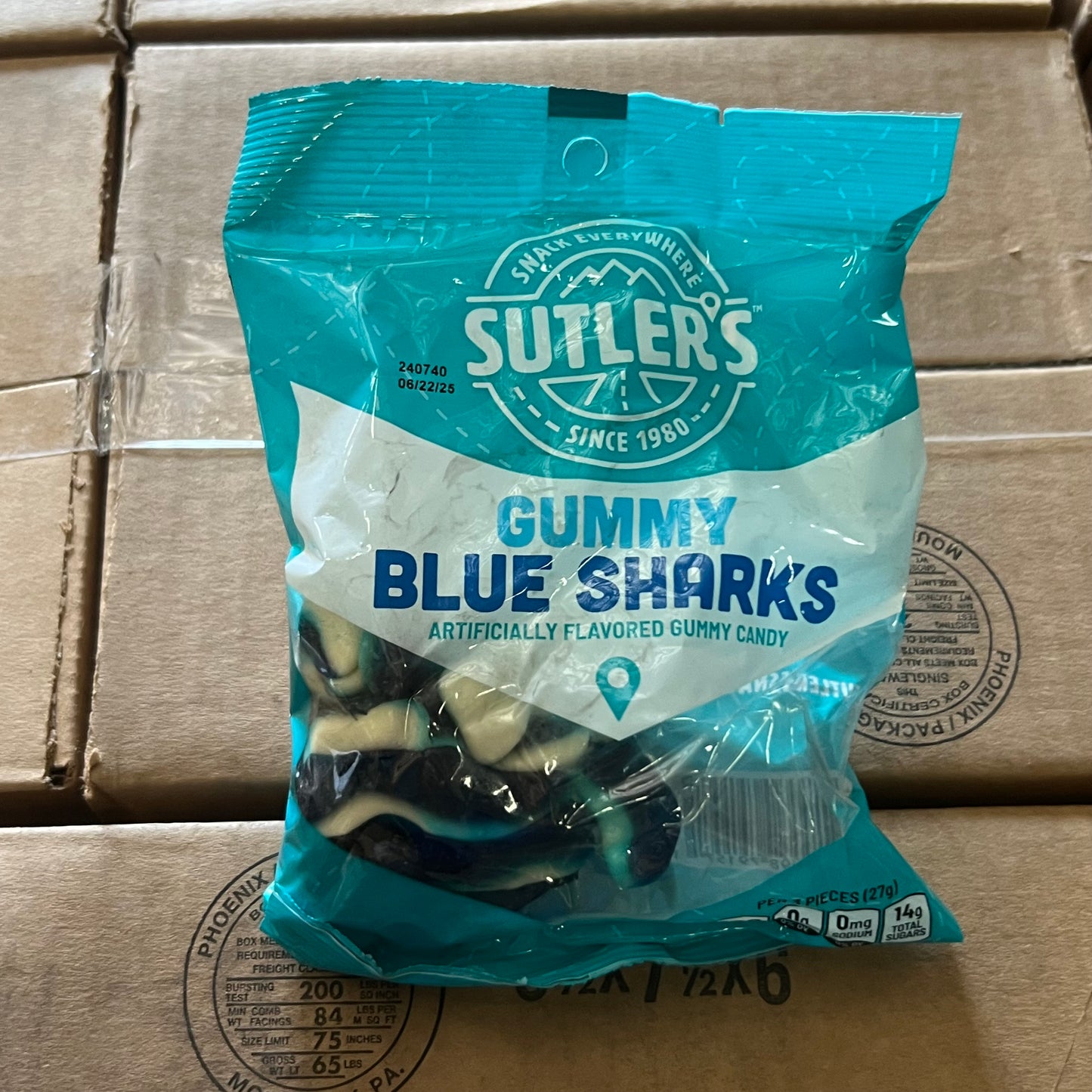 ZA@ Pallet of SUTLER'S Gummy Sharks 5.5 Oz Blue BB 06/25 (AS-IS)