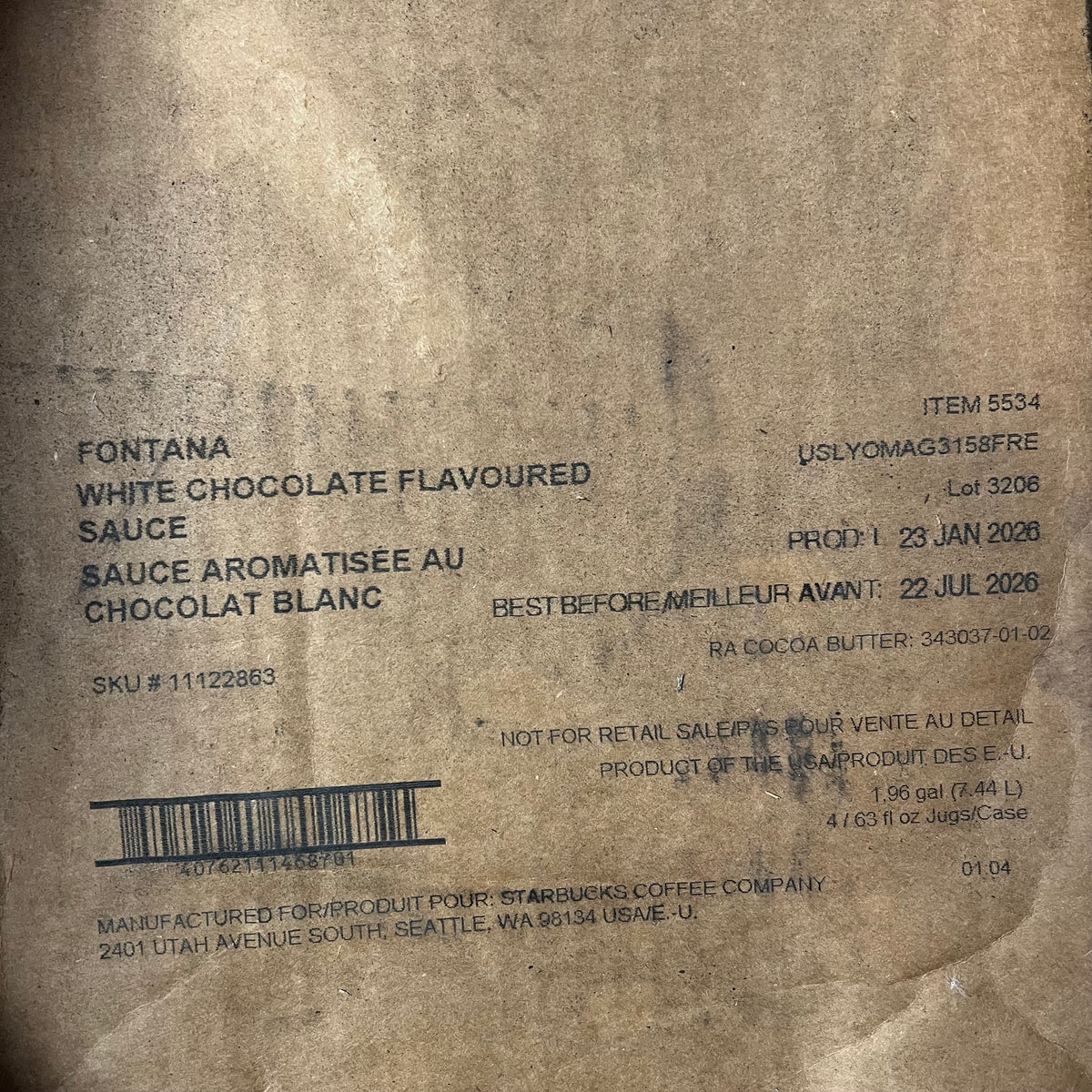 ZA@ STARBUCKS (4 PACK) Fontana White Chocolate Flavored Sauce 1.86 Liter BB 07/26