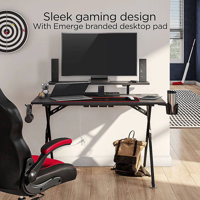 EMERGE Vizon Gaming Desk-computer Table with Headphone Hook, Cup Holder & Gaming Mouse Pad Sz 35"H x 47.2-54.3"W x 26.6"D - Black 59260
