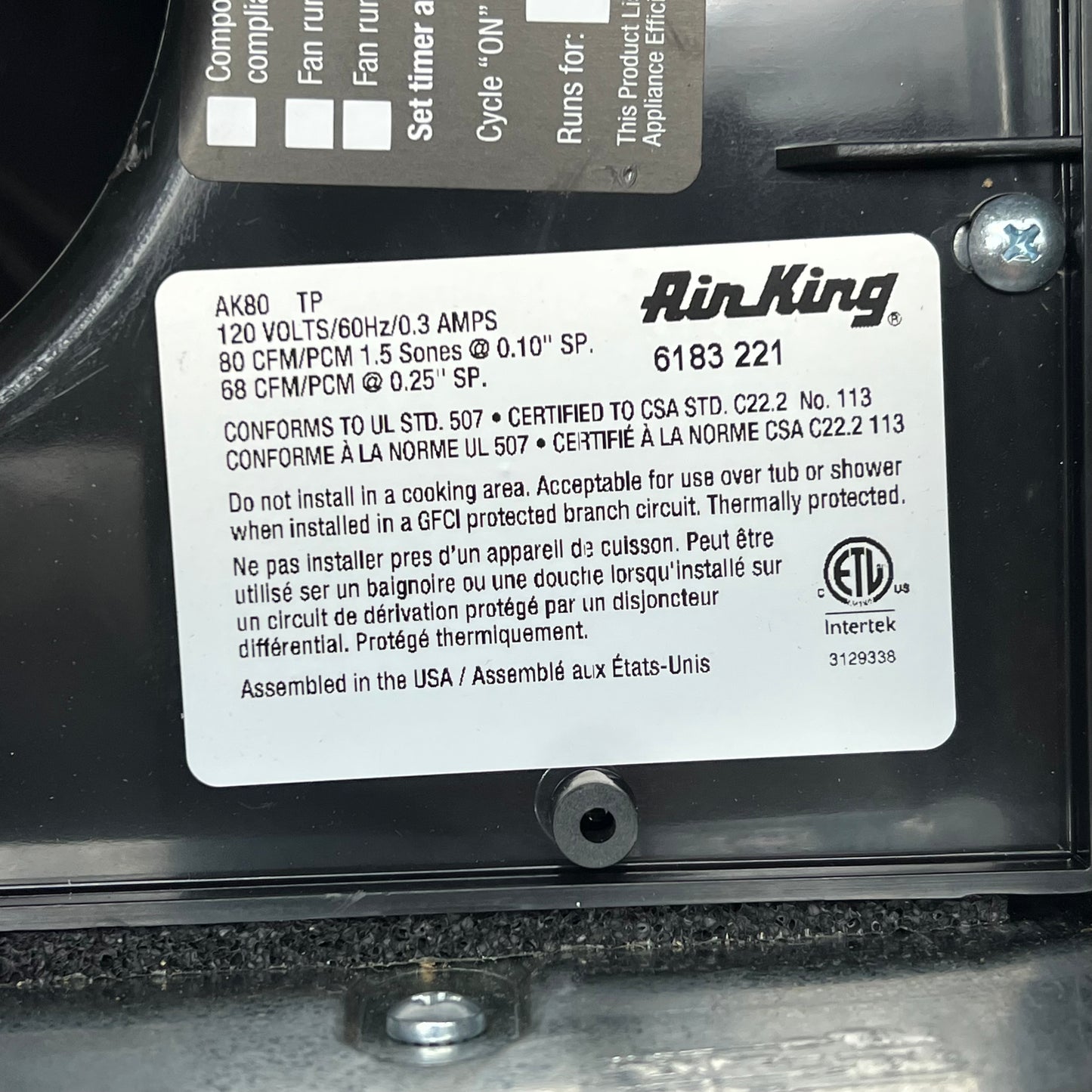 AIR KING 1 Scone Ceiling Mounted Energy Star Rated Exhaust Fan 80CFM White AK80