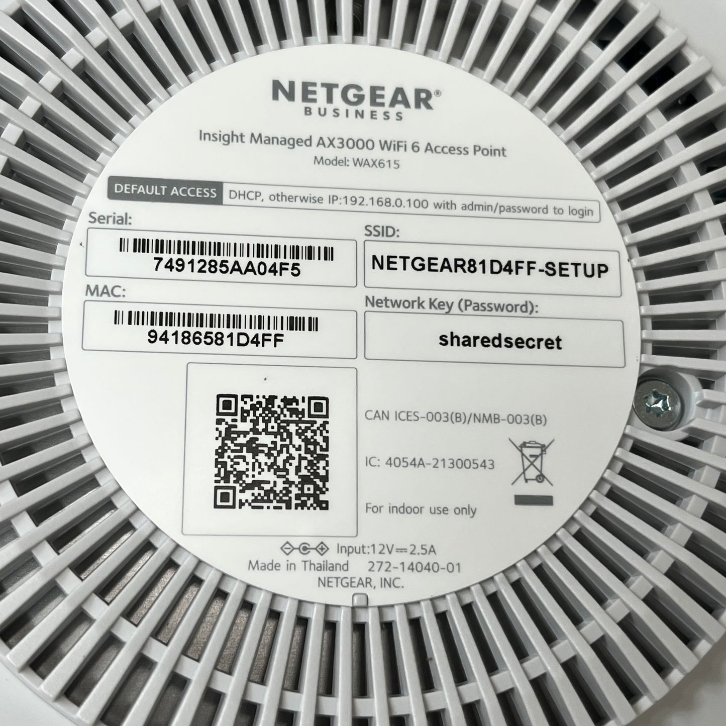 NETGEAR Dual Band PoE Multi-Gig Insight Managed WiFi 6Access Point WAX615-100CNS