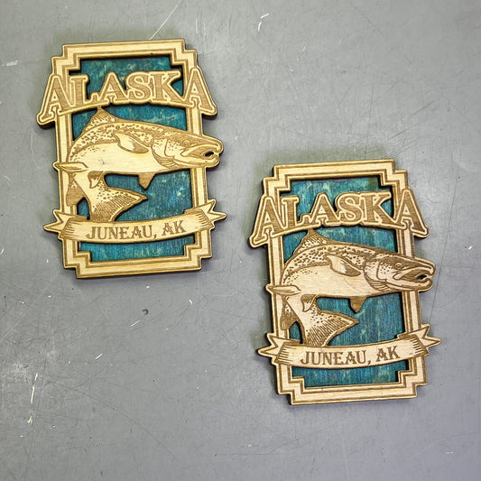 (2 PACK) Trout Fish Laser Cut Wood Magnet Souvenir From JUNEAU, AK Made In USA