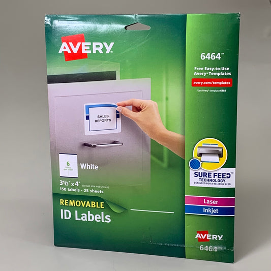 AVERY (150 COUNT) Removable Adhesive ID Labels 3-1/3" x 4" 25 Sheets White 6464