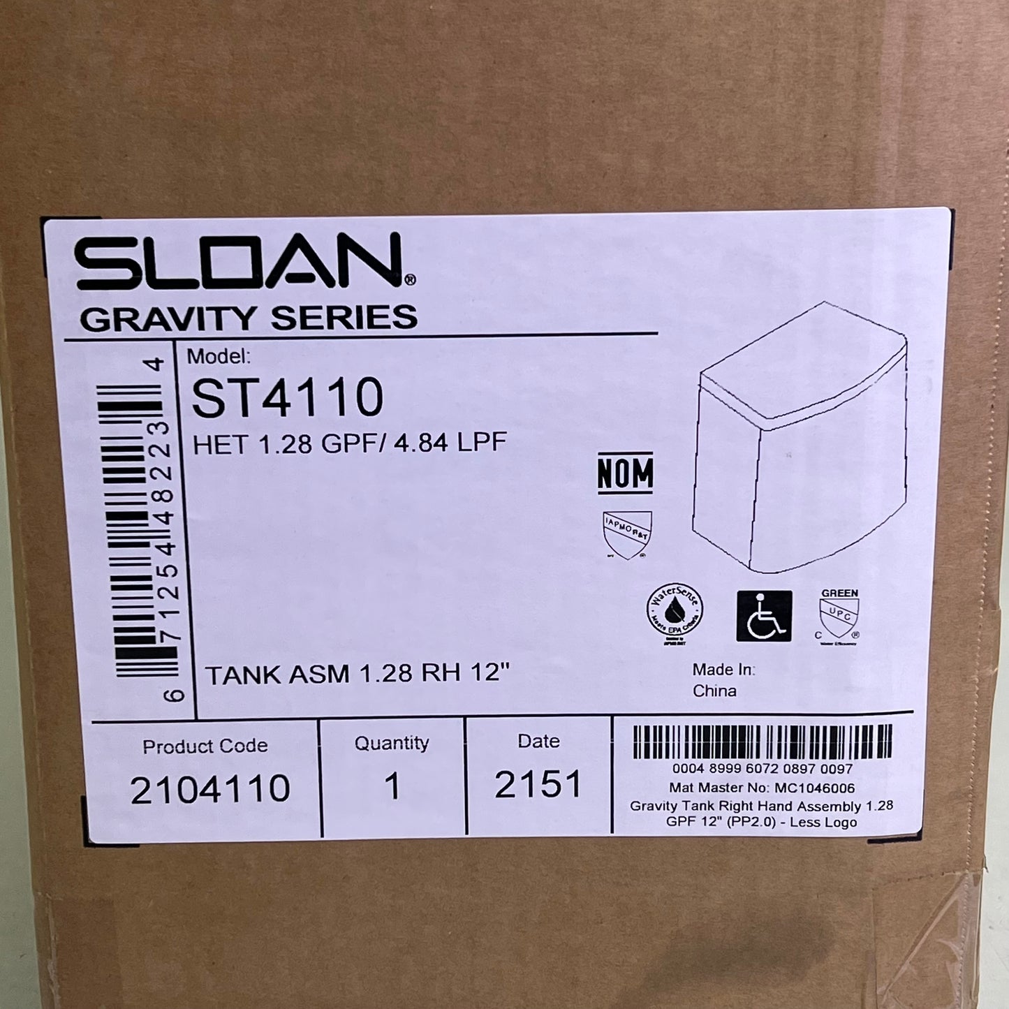 SLOAN Rough-In Toilet Tank W/ RH Trip Lever 1.28 GPF - 12" White 2104110 ST4110