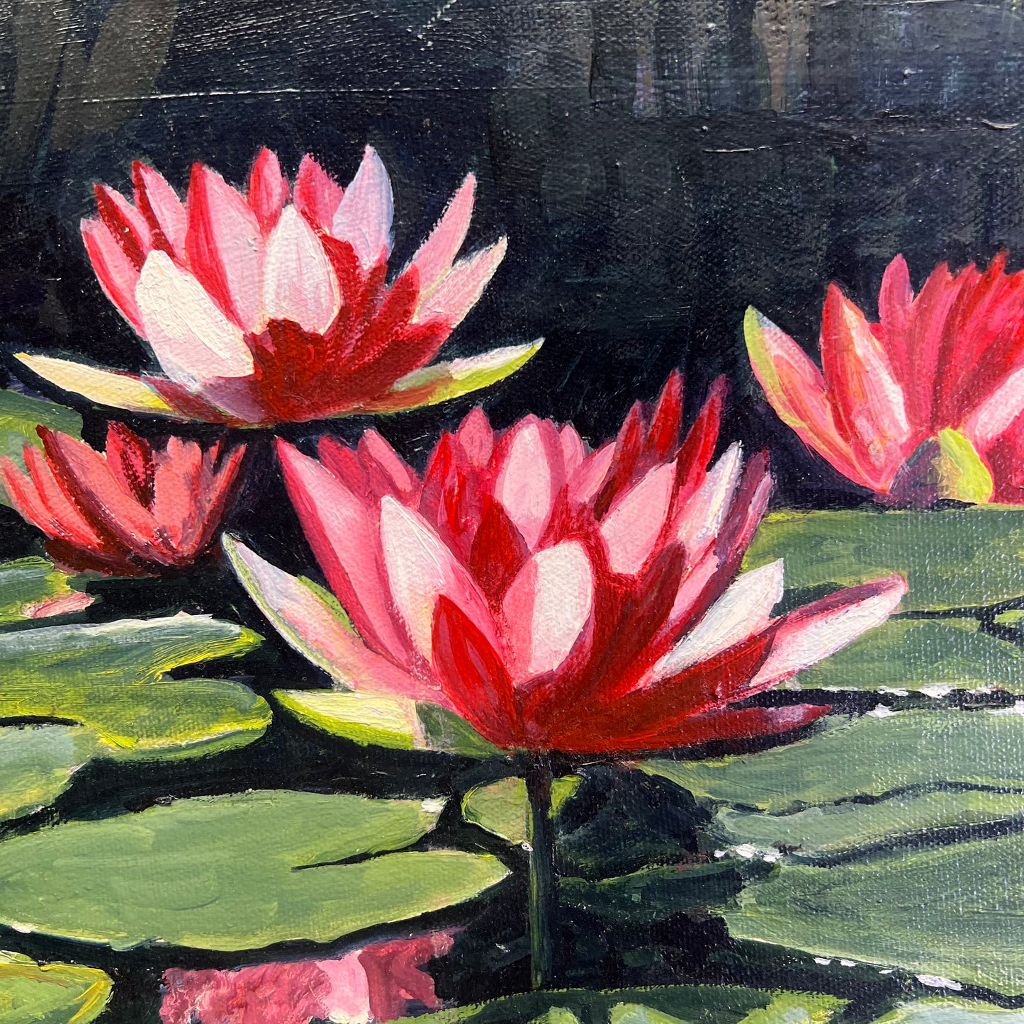 VERNA MARIE (CAMPBELL) Textured Oil Painting On Canvas Lotus Pond 18"x14"