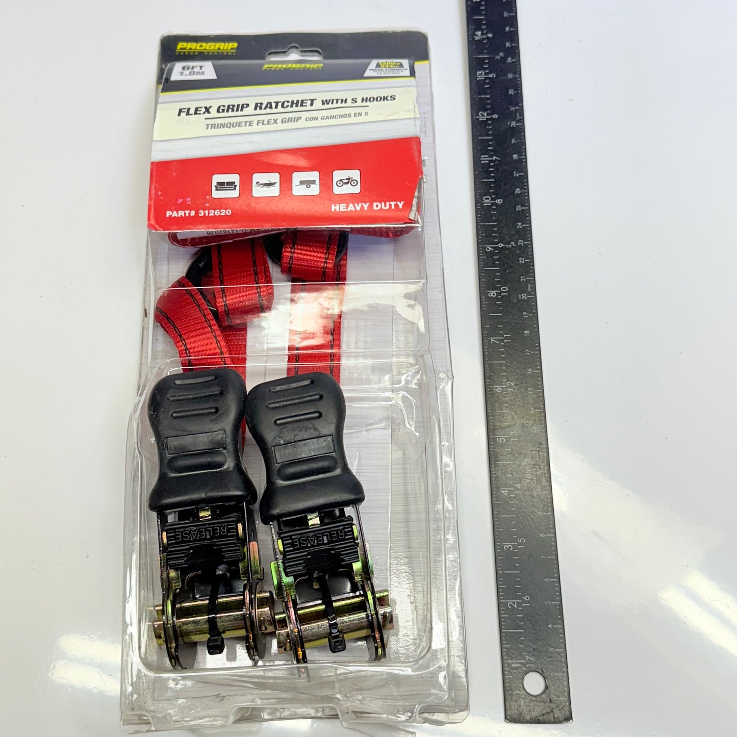 PROGRIP 6 ft X 1 in Flex Grip Ratchet W/ S Hooks, Heavy Duty, 312620 Red