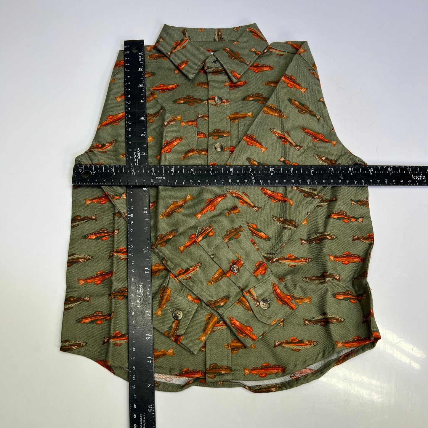 OLD NAVY Printed Fish Pattern Long Sleeve Fennel Pocket Shirt Boy's Sz XS Green