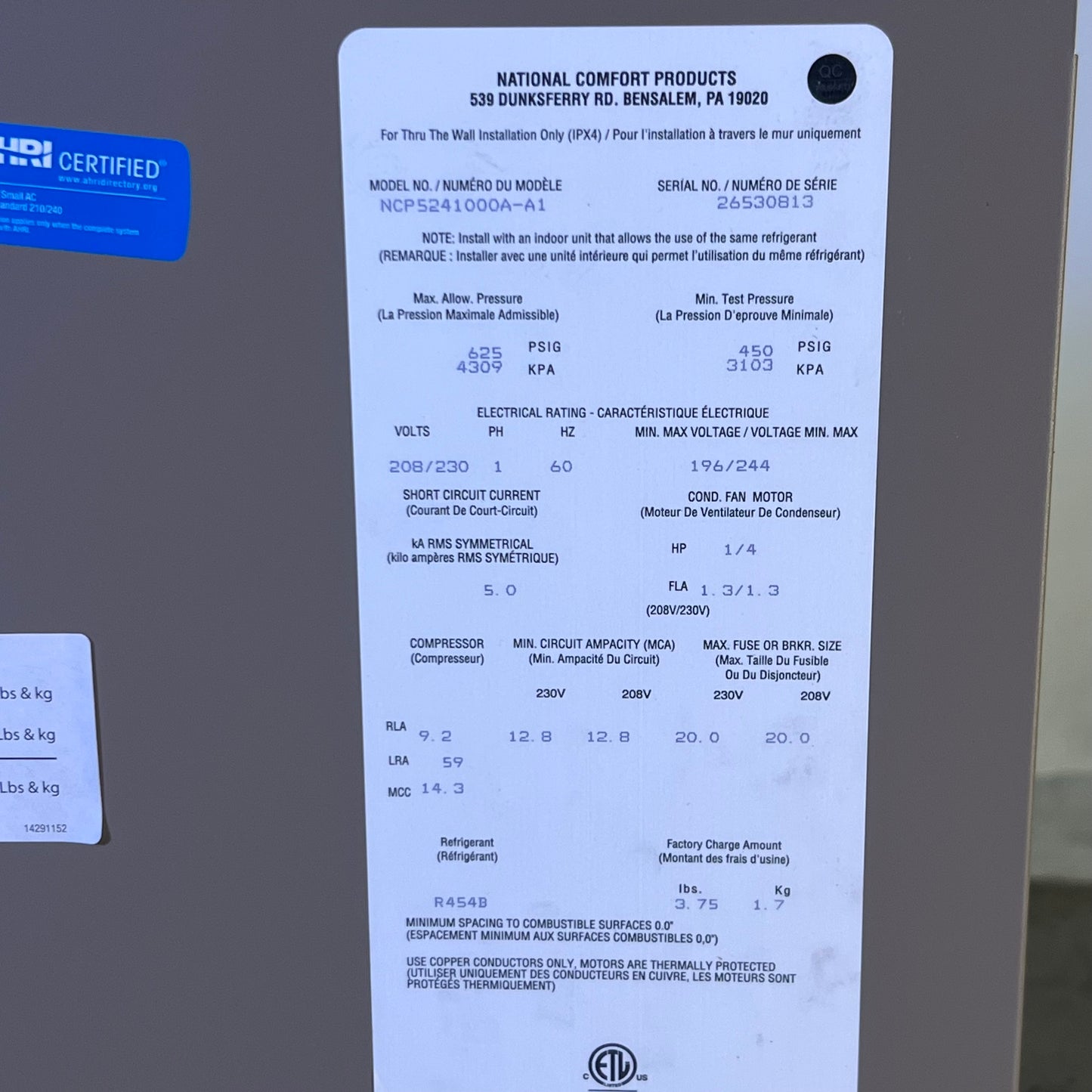 NCP Thru the Wall Condensing Unit 1000 Series NCP5241000A-A1