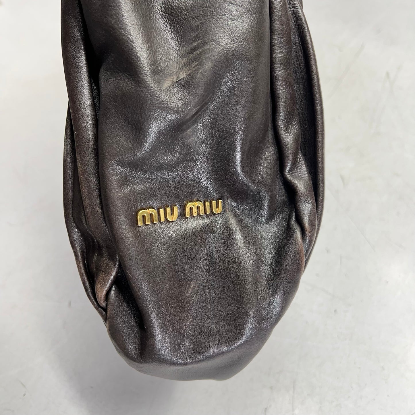 MIU MIU Bosco Leather Pilsse Tote Gold Studded Handle 14"x14" Brown (Pre-Owned)