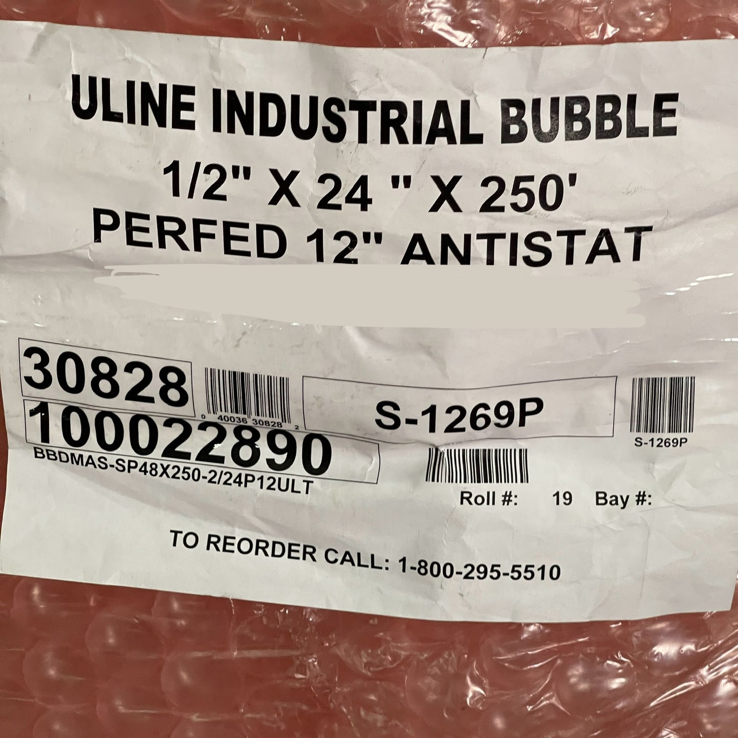 ULINE Anti-Static Bubble Roll 1/2”x 24”x 250’ S-1269P Pink