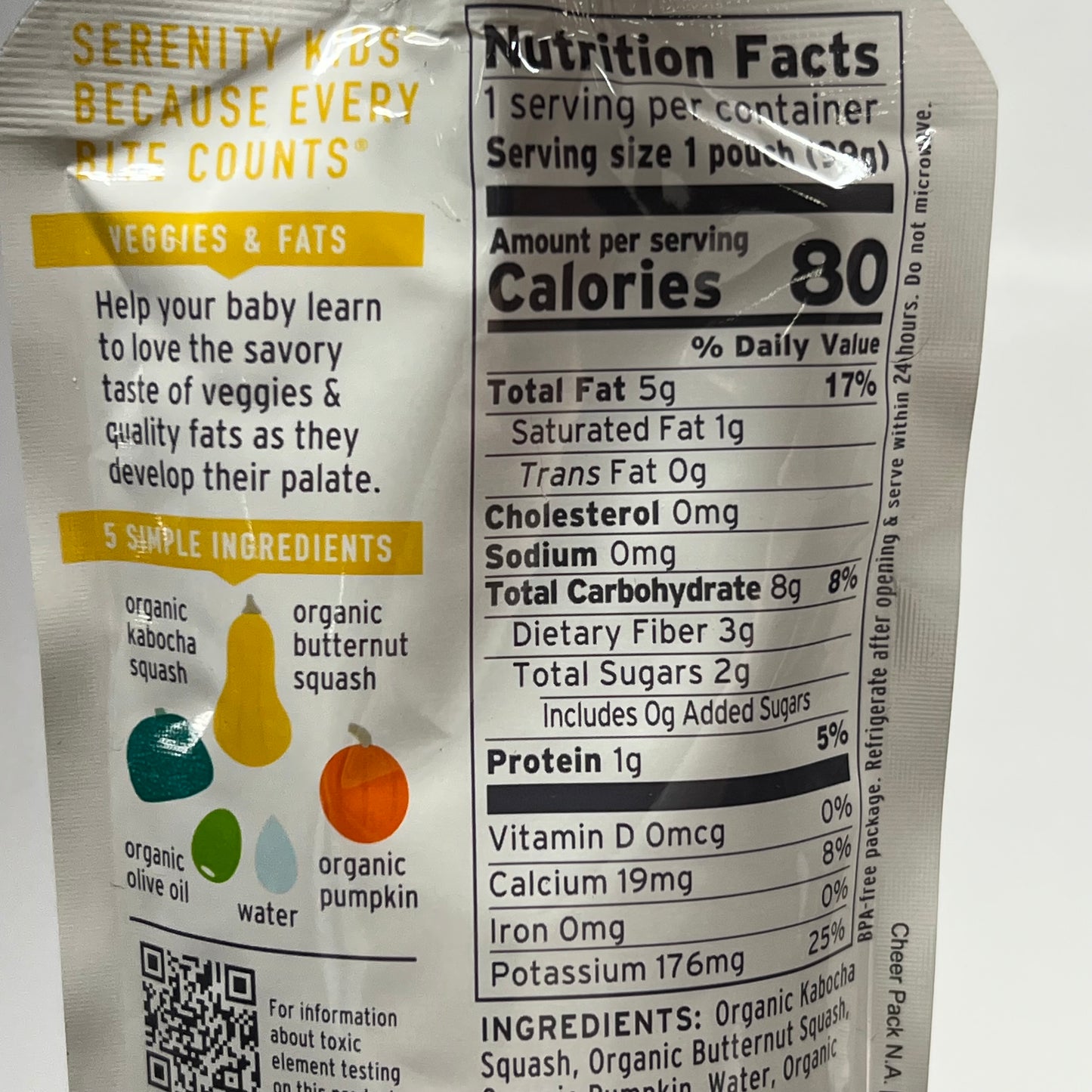 SERENITY (6 PACK) Squashes Organic Veggies W/ Olive Oil Pouches 3.5 oz BB 09/27