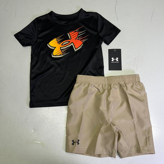 UNDER ARMOUR Toddler Woven T-Shirt & Shorts Set Boys Sz 2T Khaki/Black UASII38D