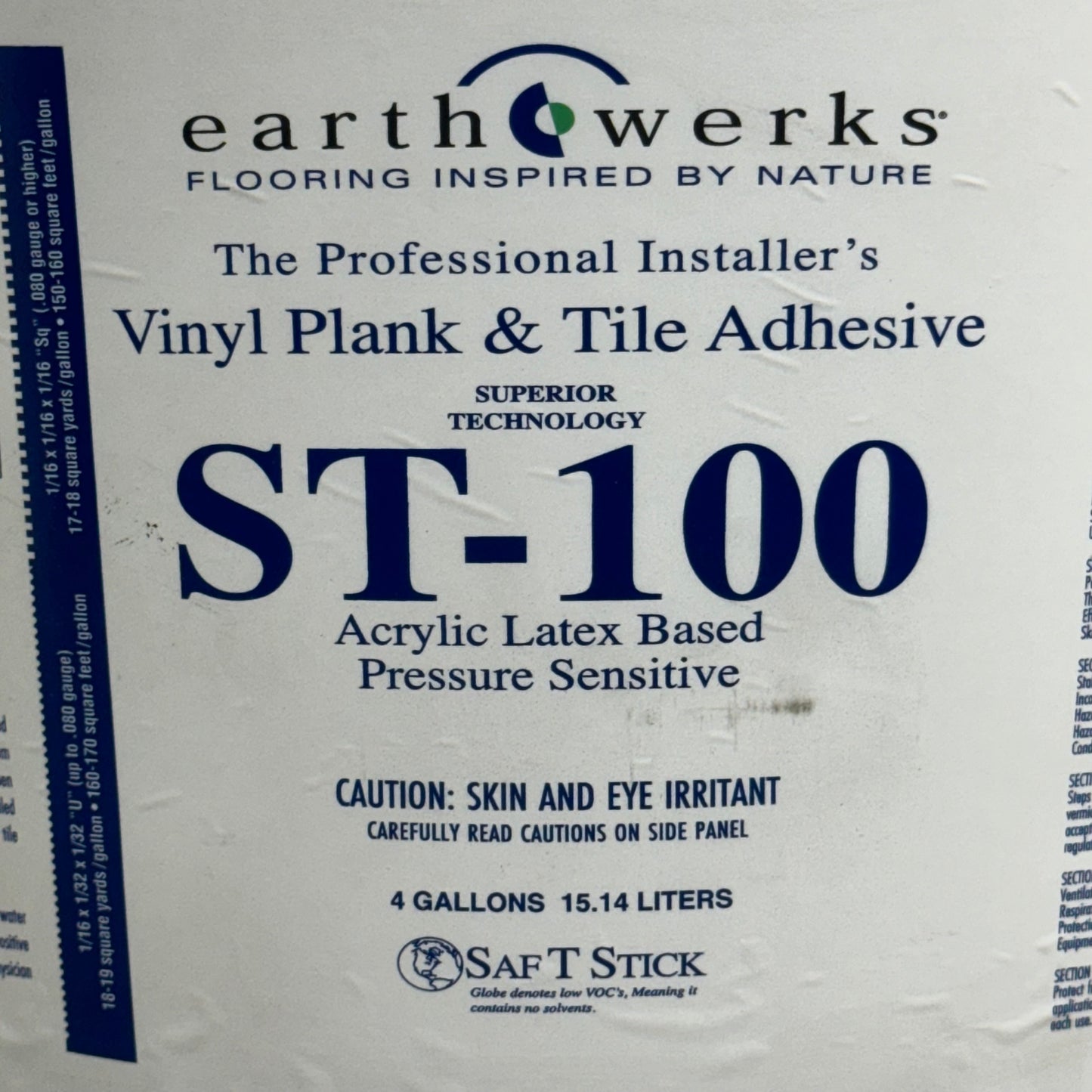 EARTHWERKS ST-100 Vinyl Plank & Tile Adhesive 4 Gallons 12”H Plastic Container White-Grey Container