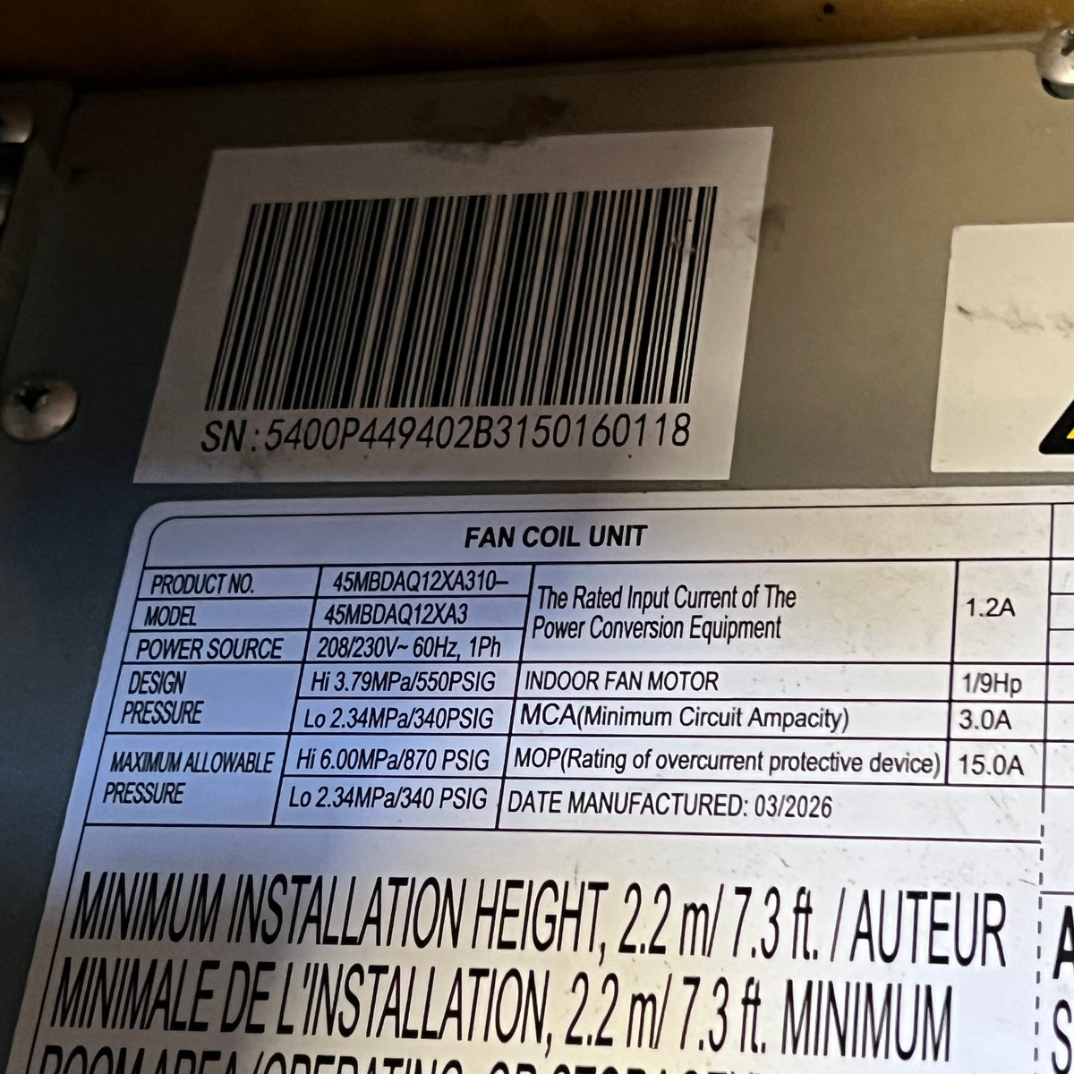 CARRIER Ductless Slim Ducted Heat Pump Fan Coil Unit 208-230 VAC 45MBDAQ12XH3