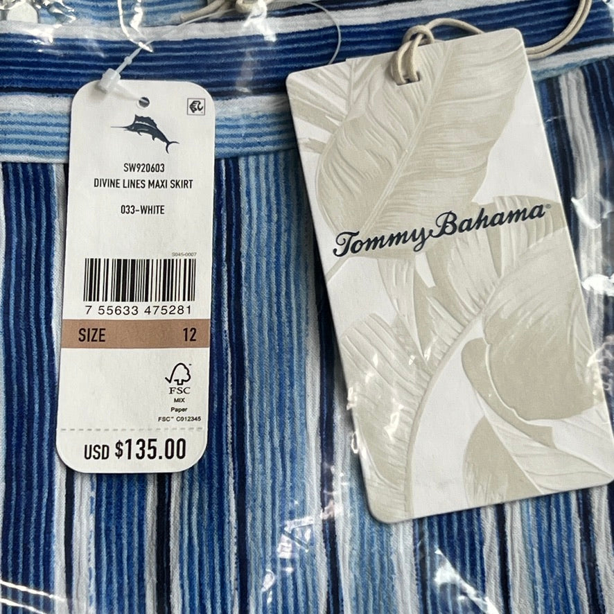 TOMMY BAHAMA Women's Divine Lines Maxi Skirt White Blue Boho Stripe Size 12 (New)