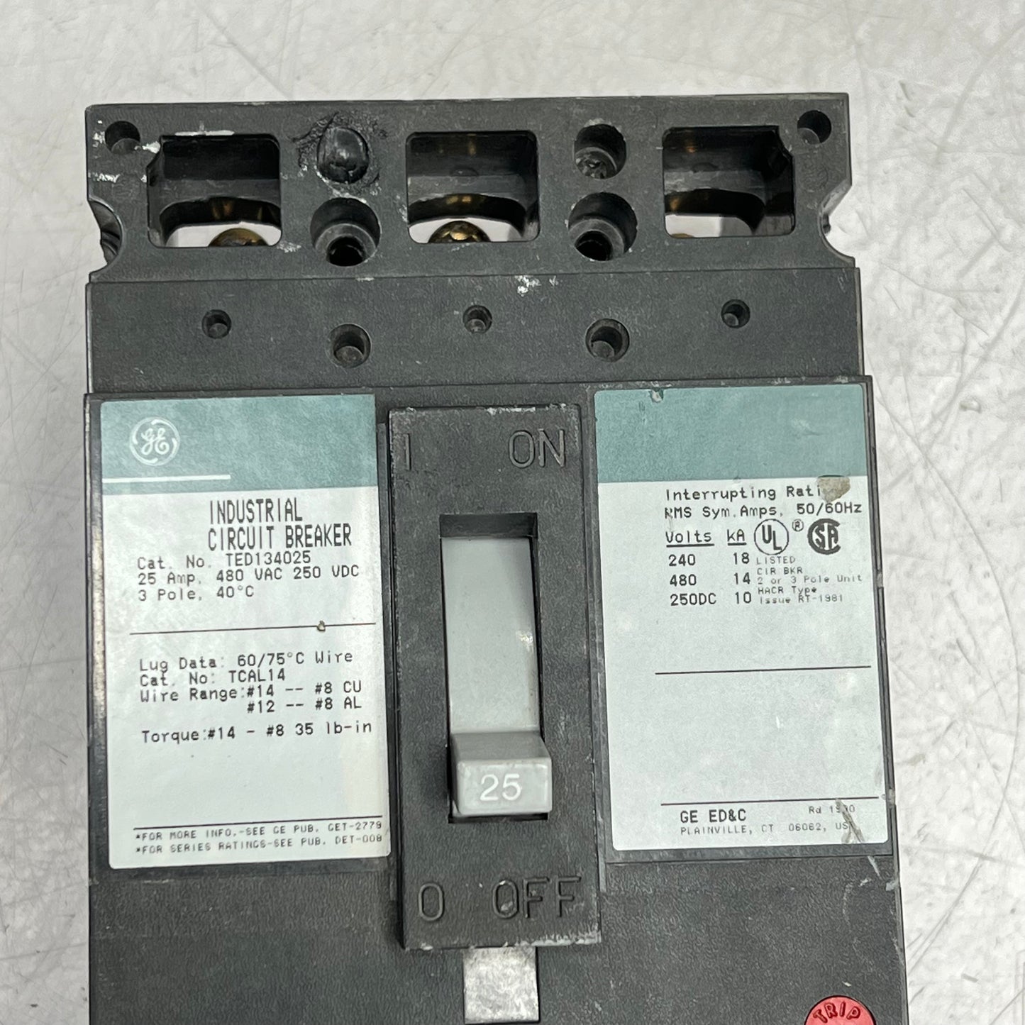 GENERAL ELECTRIC  Molded Case Circuit Breaker 23 AMP 3 Pole TED134025 (Used)
