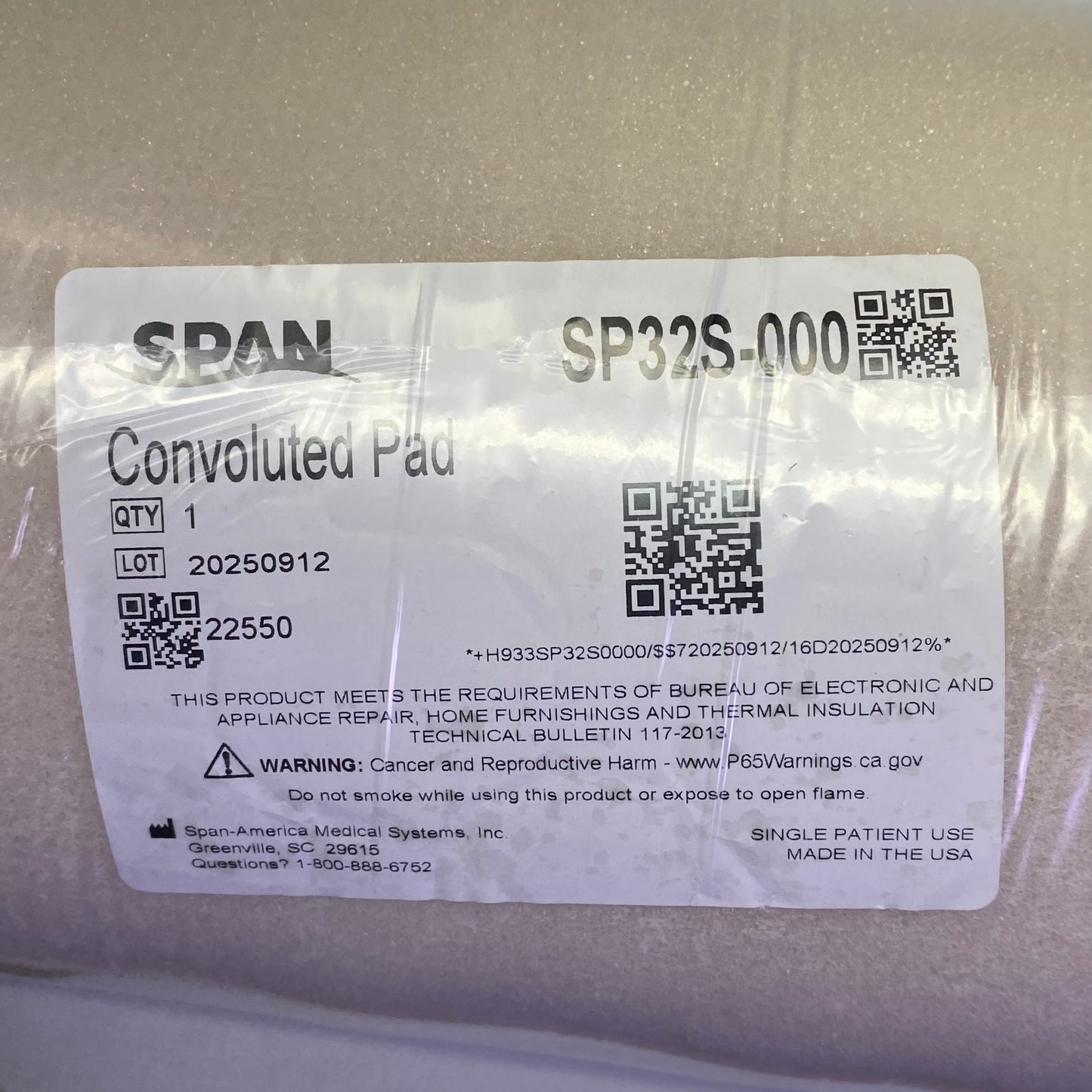 SPAN Overlay Convoluted Pad Sz 74"L X 34"W X 3"H Beige SP32S-000