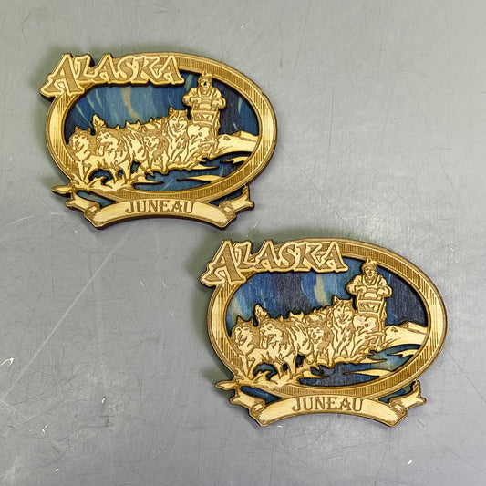 Z@ (2 PACK) Sled Dogs Laser Cut Wood Magnet Souvenir From JUNEAU, AK Made In USA