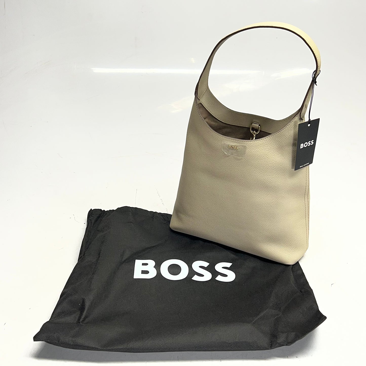 HUGO BOSS Leather Lenah New Hobo Bag Buckle Closure Light Beige 50557982