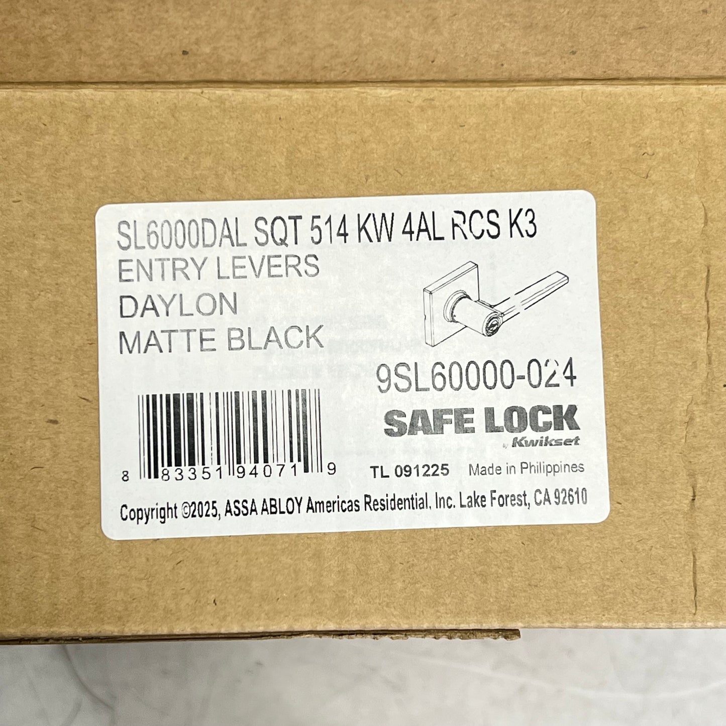 KWIKSET Daylon Entry Levers Safe Lock Adjust Backset Matte Black 9SL60000-024