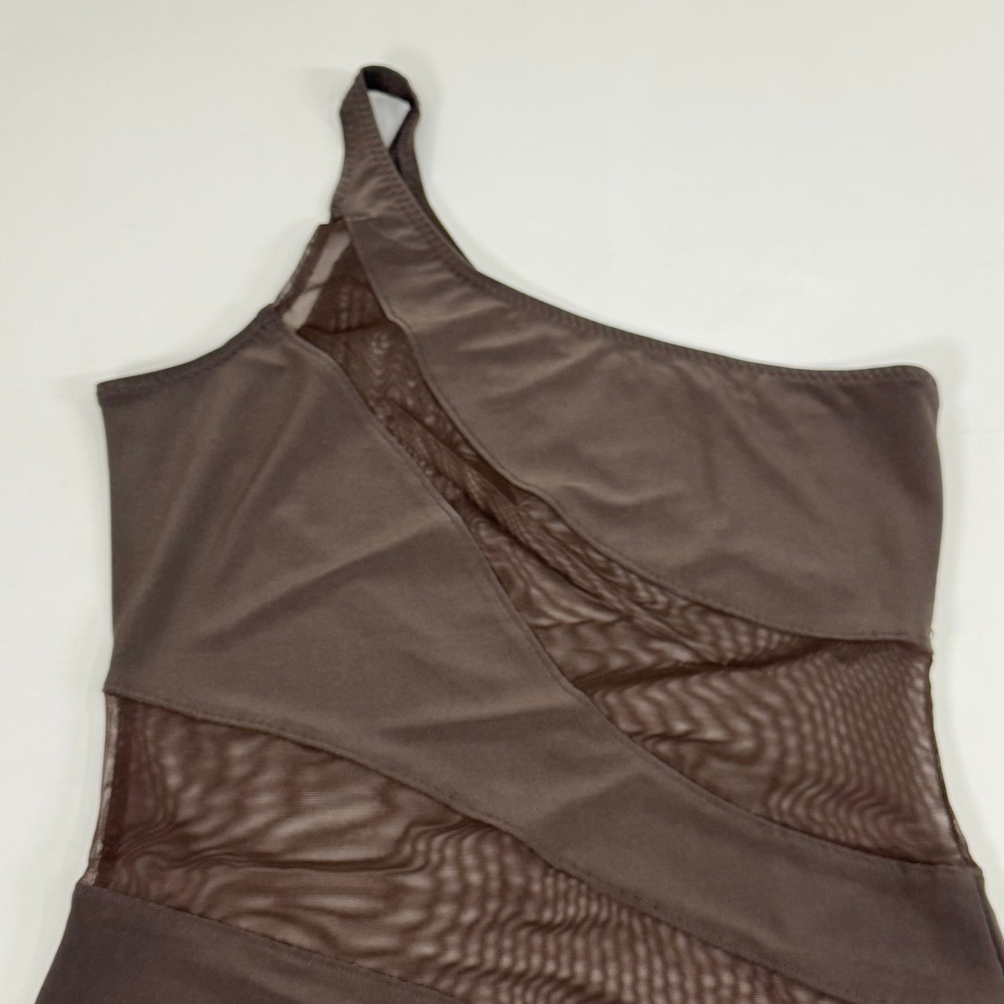 NORMA KAMALI One Shoulder Snake Mesh Catsuit Footsie Women's Sz XL/42 Chocolate