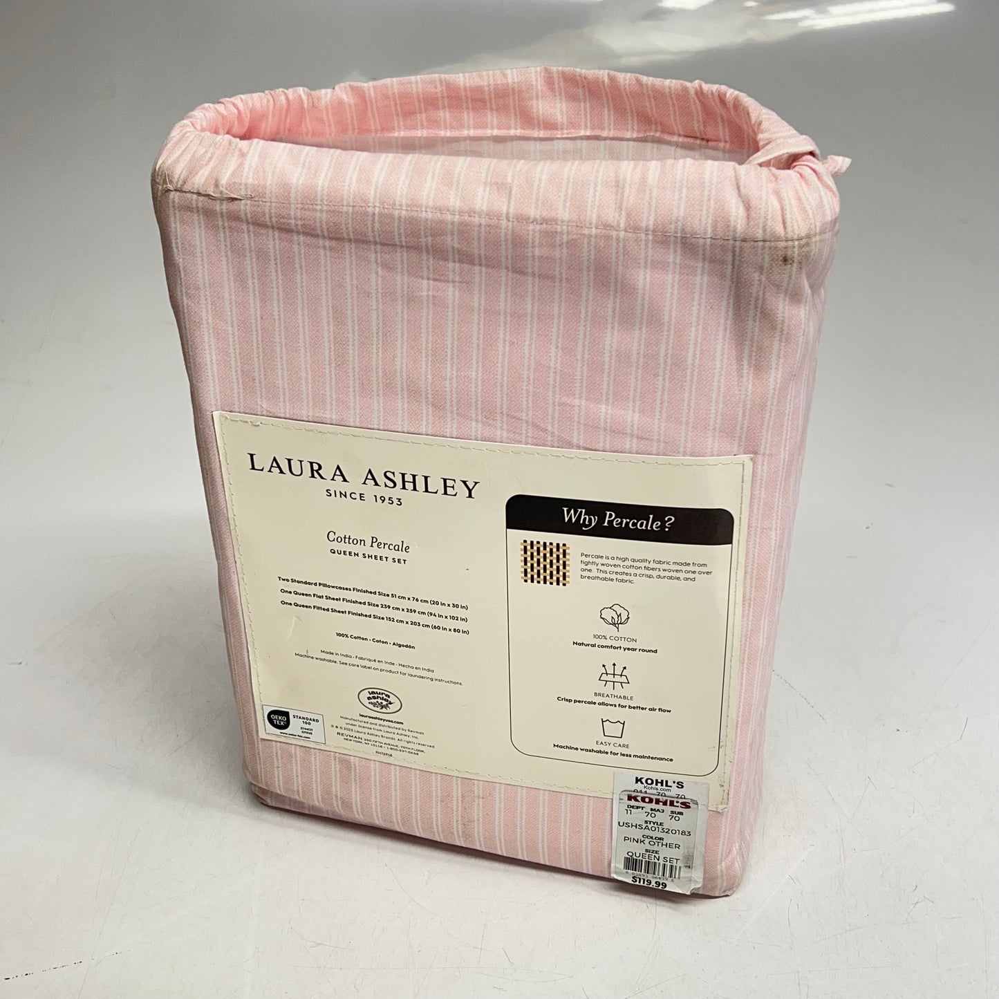 LAURA ASHLEY Cotton Percale Sheet Set Queen 200 Thread Count Pink (New Other)