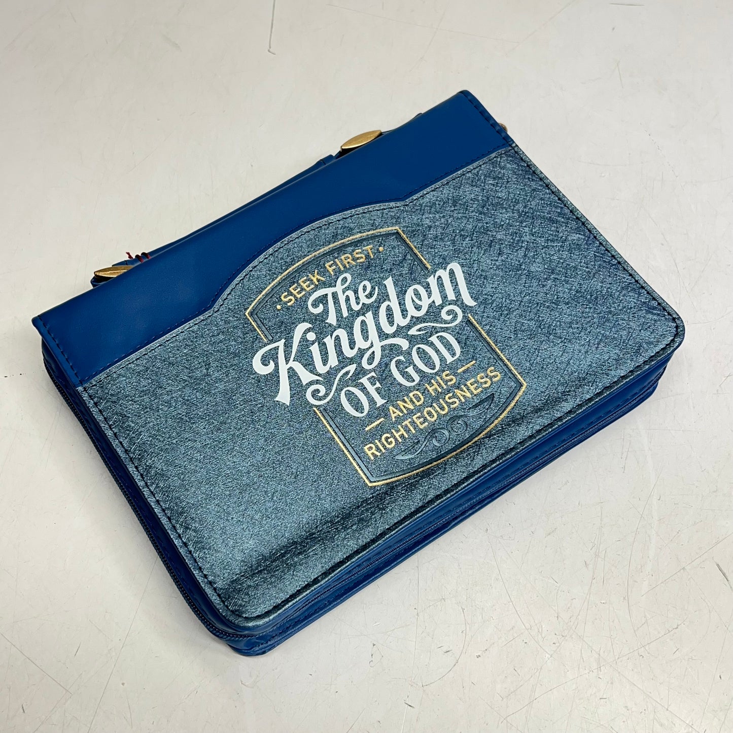 CHRISTIAN ART GIFTS Matthew 6:33 Two-tone Faux Leather Bible Cover 6"x9" Blue