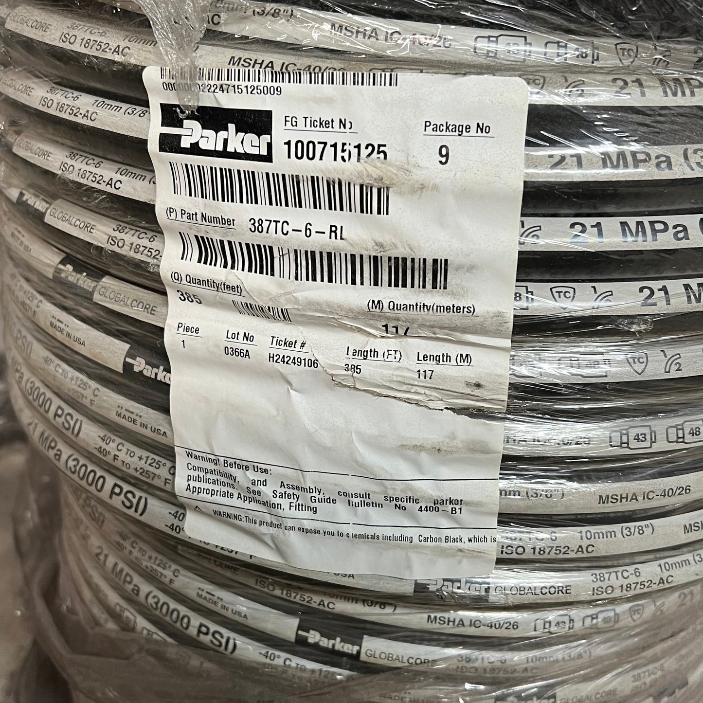 PARKER Global Core Hydraulic Hose 385' 3000 PSI 21 MPa Black 387TC-6-RL