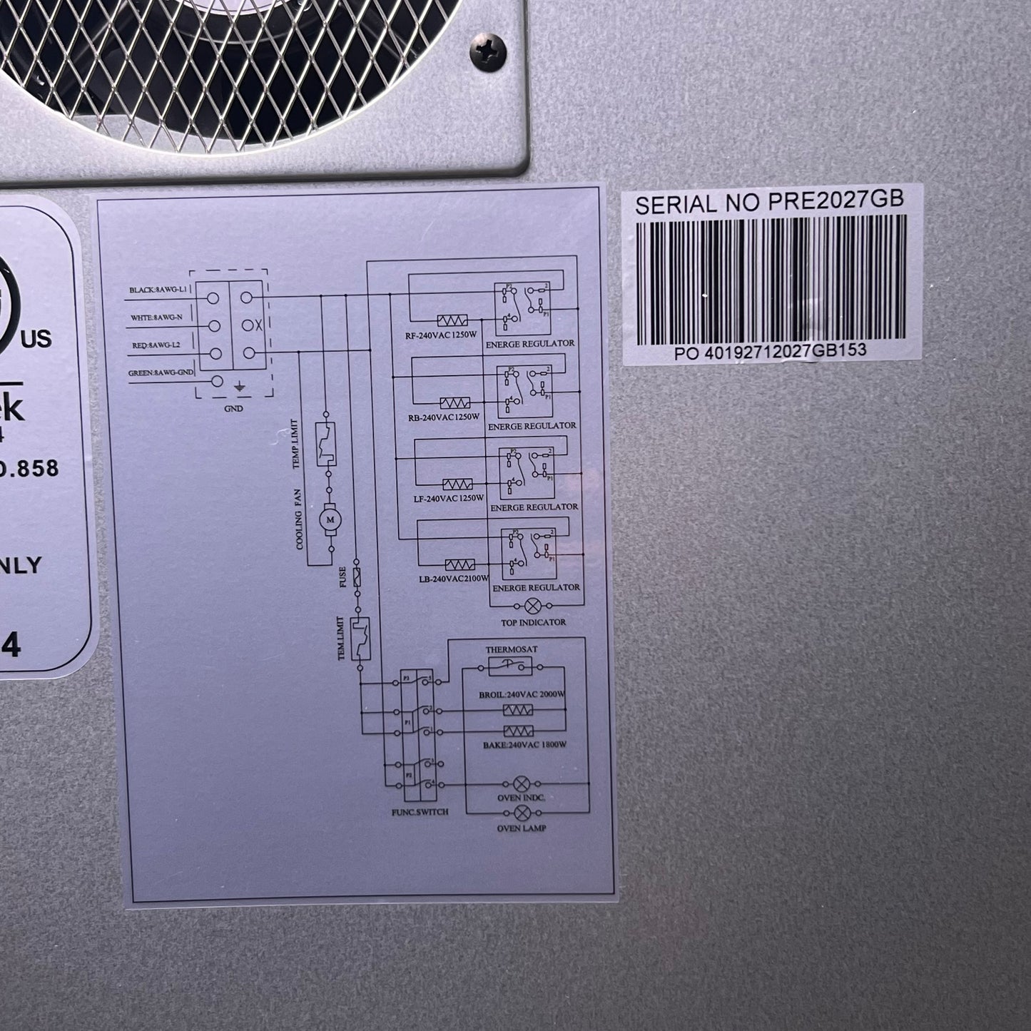 ZA@ PREMIUM LEVELLA  Freestanding Electric Range 240V PRE2027GB Sz 19.5" x 25.2" x 39.3" Black (New)